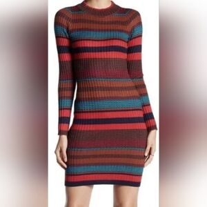 Gianni Binni Ribbed Horizontal Striped Sweater Bodycon Dress, Long Sleeves, XS